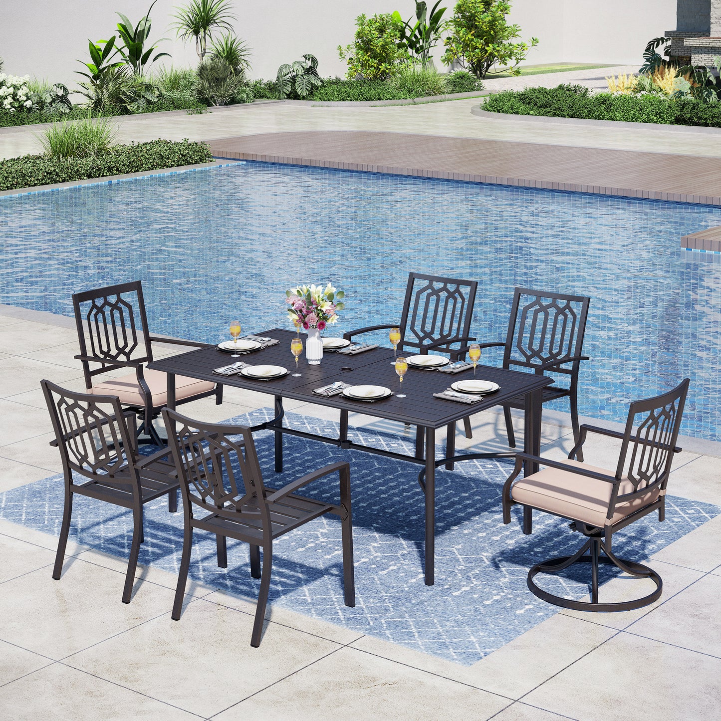 Captiva Designs 7pc Patio Slatted Top Steel Dining Table with Umbrella Hole & Stylish Back Metal Chairs