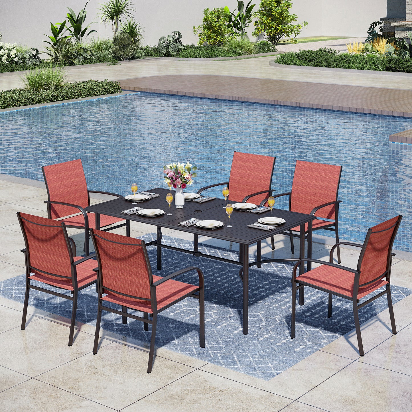 Captiva Designs 7pc Patio Dining Rectangle Steel Table with C-shaped Cross Bracket & Sling Fixed Chairs