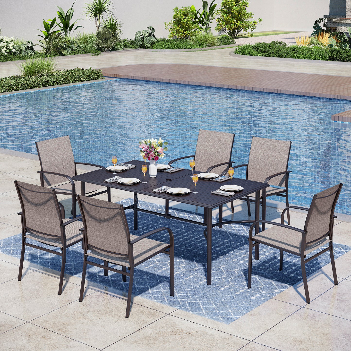 Captiva Designs 7pc Patio Dining Rectangle Steel Table with C-shaped Cross Bracket & Sling Fixed Chairs