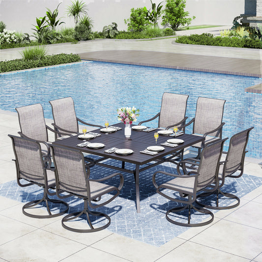 Captiva Designs 9 件套宽敞方形金属板顶桌，带伞孔和 Textilene 旋转椅