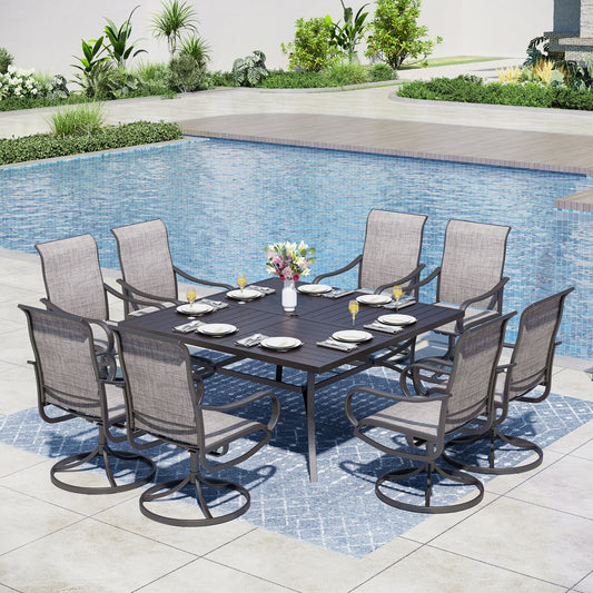 Captiva Designs 9pc Spacious Slat-top Square Metal Table with Umbrella Hole & Textilene Swivel Chairs