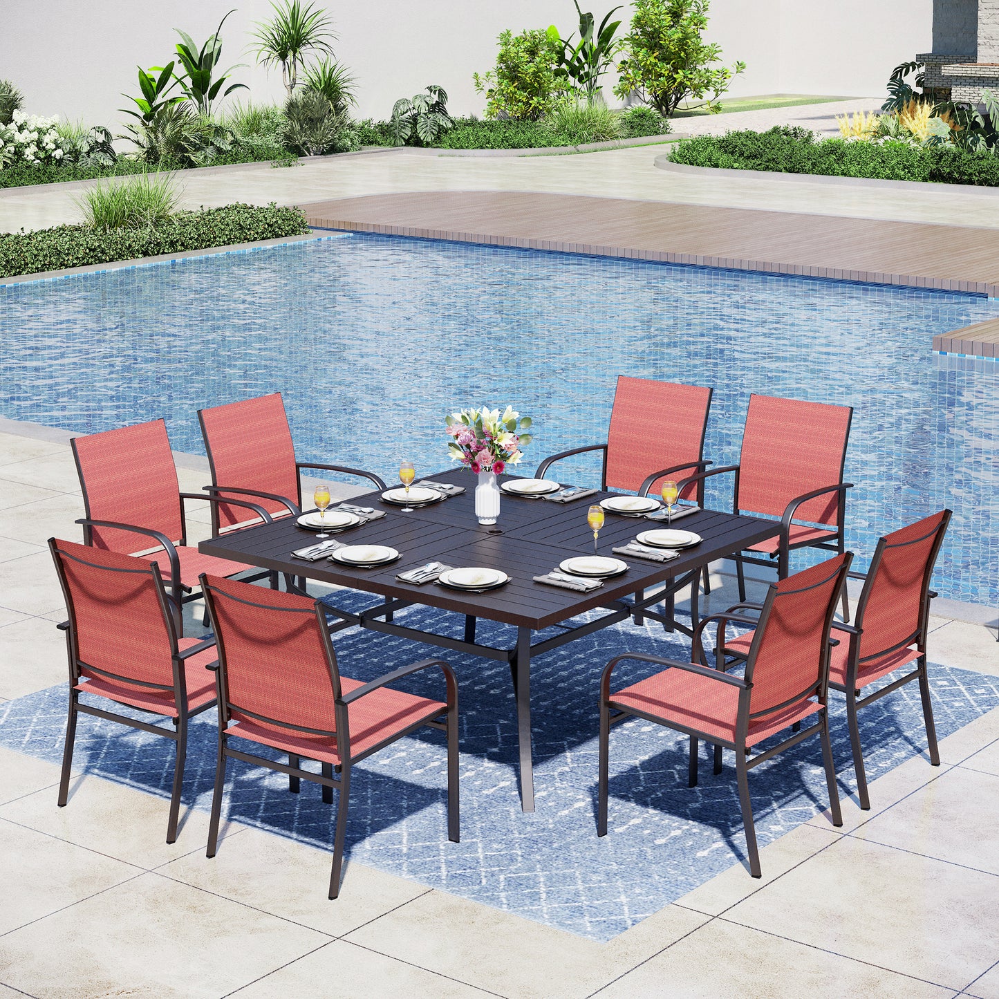 Captiva Designs 9pc Spacious Slat-top Square Metal Table with Umbrella Hole & Sling Fixed Dining Chairs