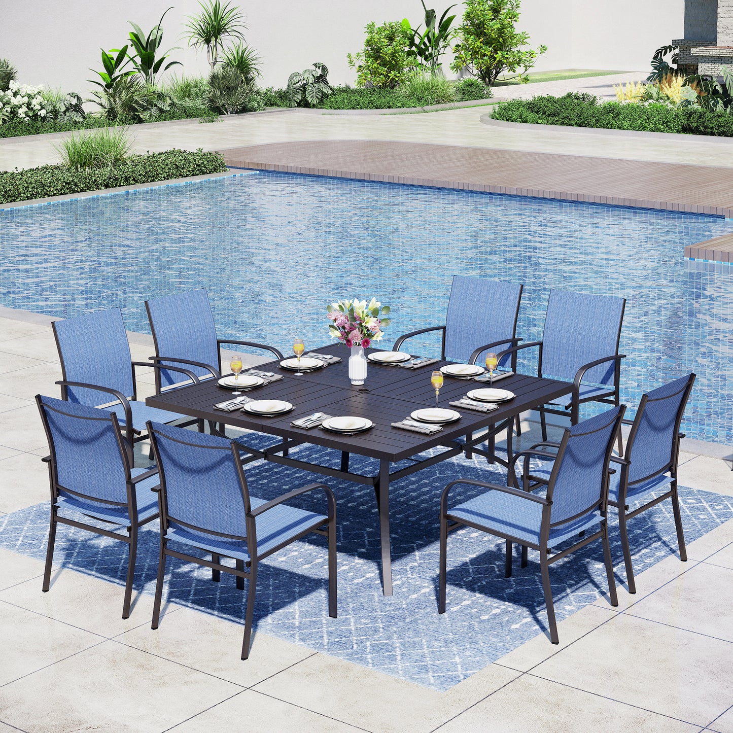 Captiva Designs 9pc Spacious Slat-top Square Metal Table with Umbrella Hole & Sling Fixed Dining Chairs