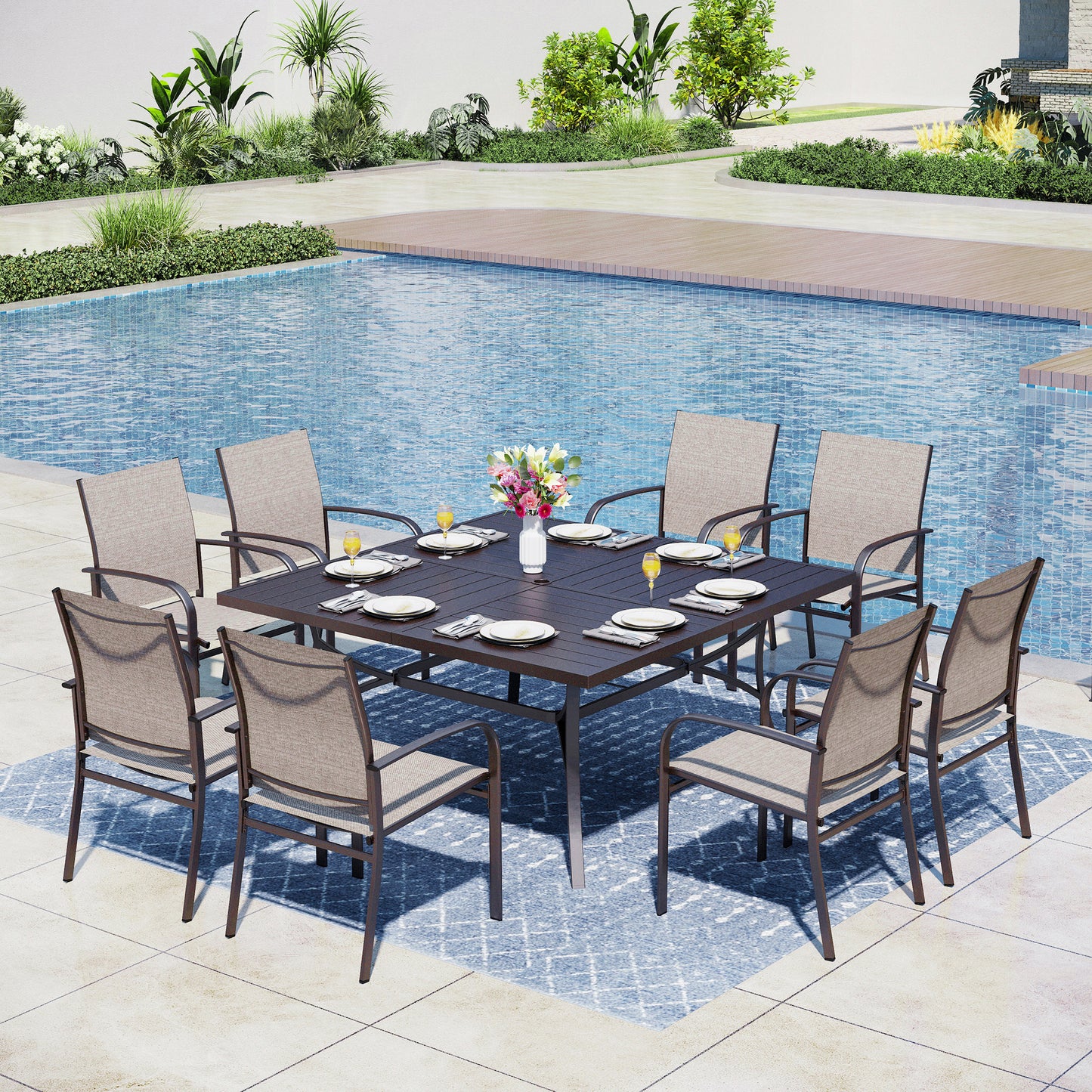 Captiva Designs 9pc Spacious Slat-top Square Metal Table with Umbrella Hole & Sling Fixed Dining Chairs