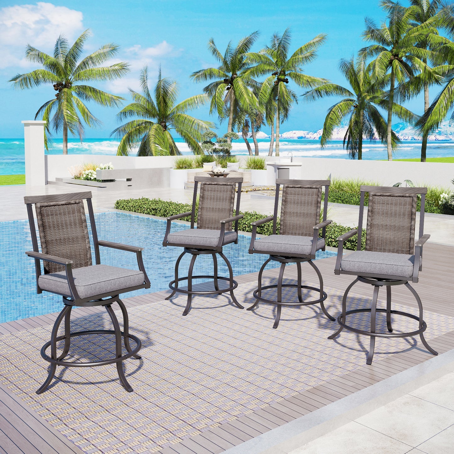Captiva Designs Outdoor Metal Frame Swivel Armrest Bar Stools with Seat Cushions
