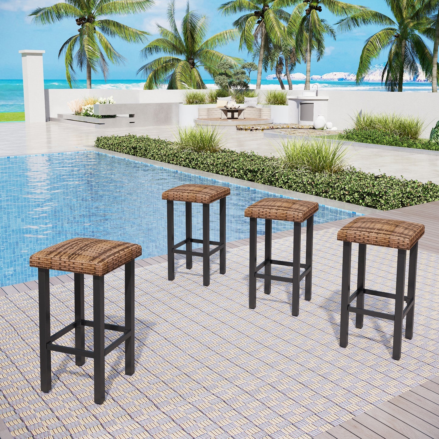 Captiva Designs Outdoor Patio 4Pc Counter Height Backless Rattan Wicker Bar Chairs with Adjustable Feet Mats