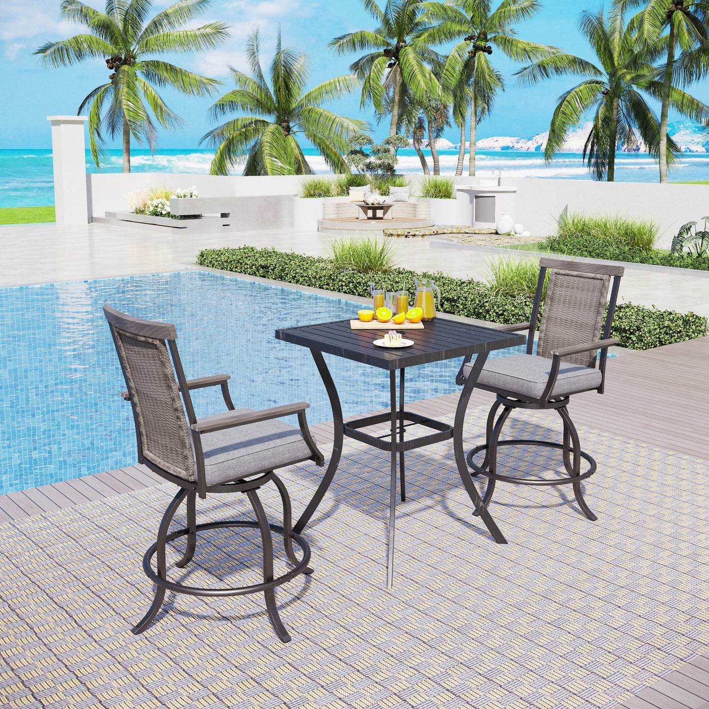 Captiva Designs 3pc Outdoor Patio Metal Bar Height Table & Bar Swivel Chair with Cushion and Armrest