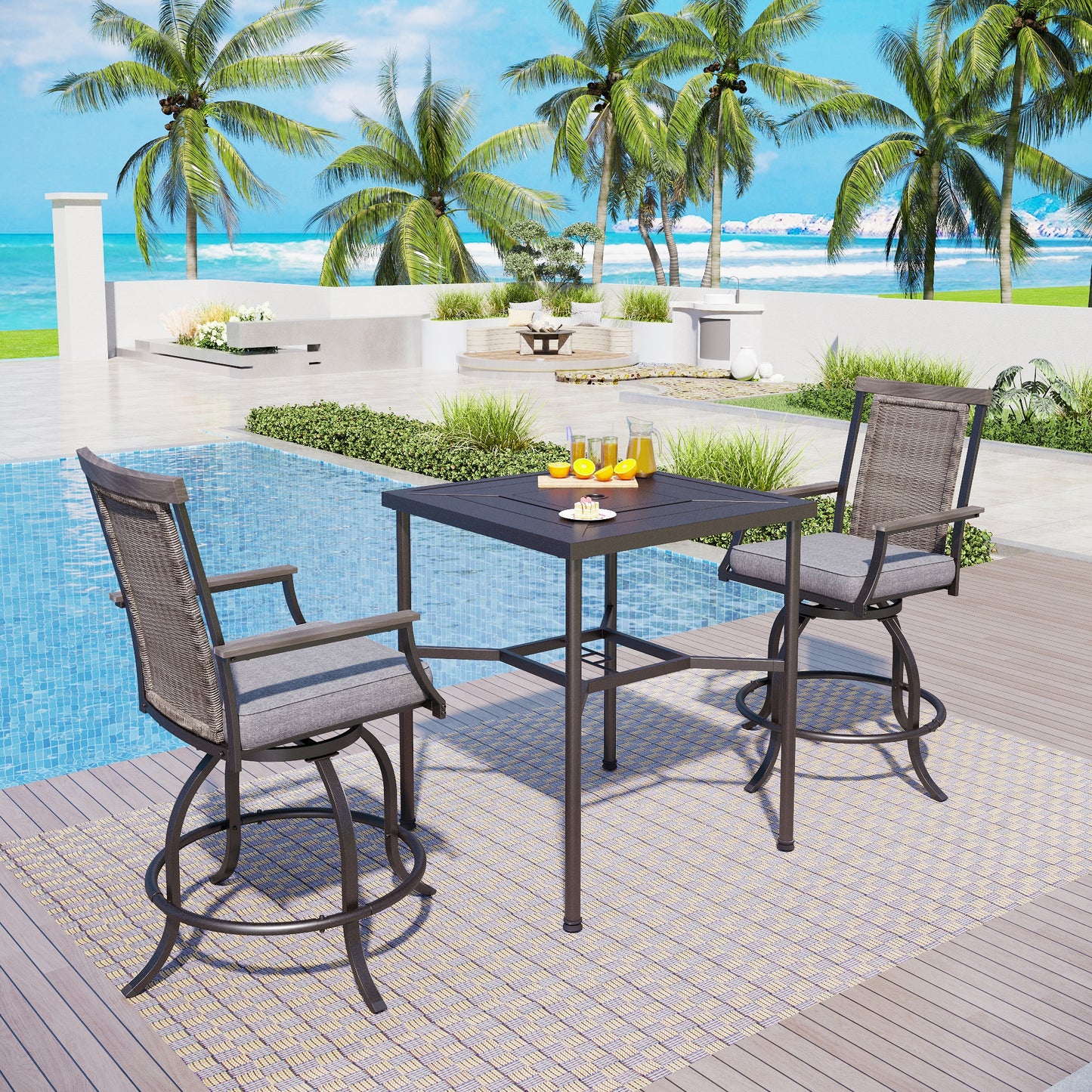 Captiva Designs 3pc Outdoor Patio Metal Bar Height Table & Bar Swivel Chair with Cushion and Armrest