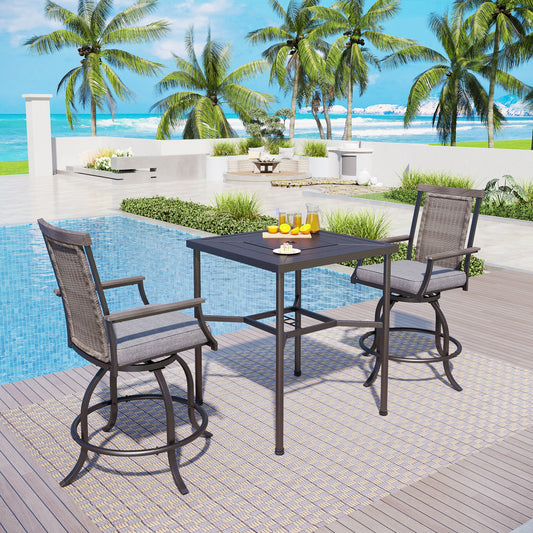 Captiva Designs 3pc Outdoor Patio Metal Bar Height Table & Bar Swivel Chair with Cushion and Armrest