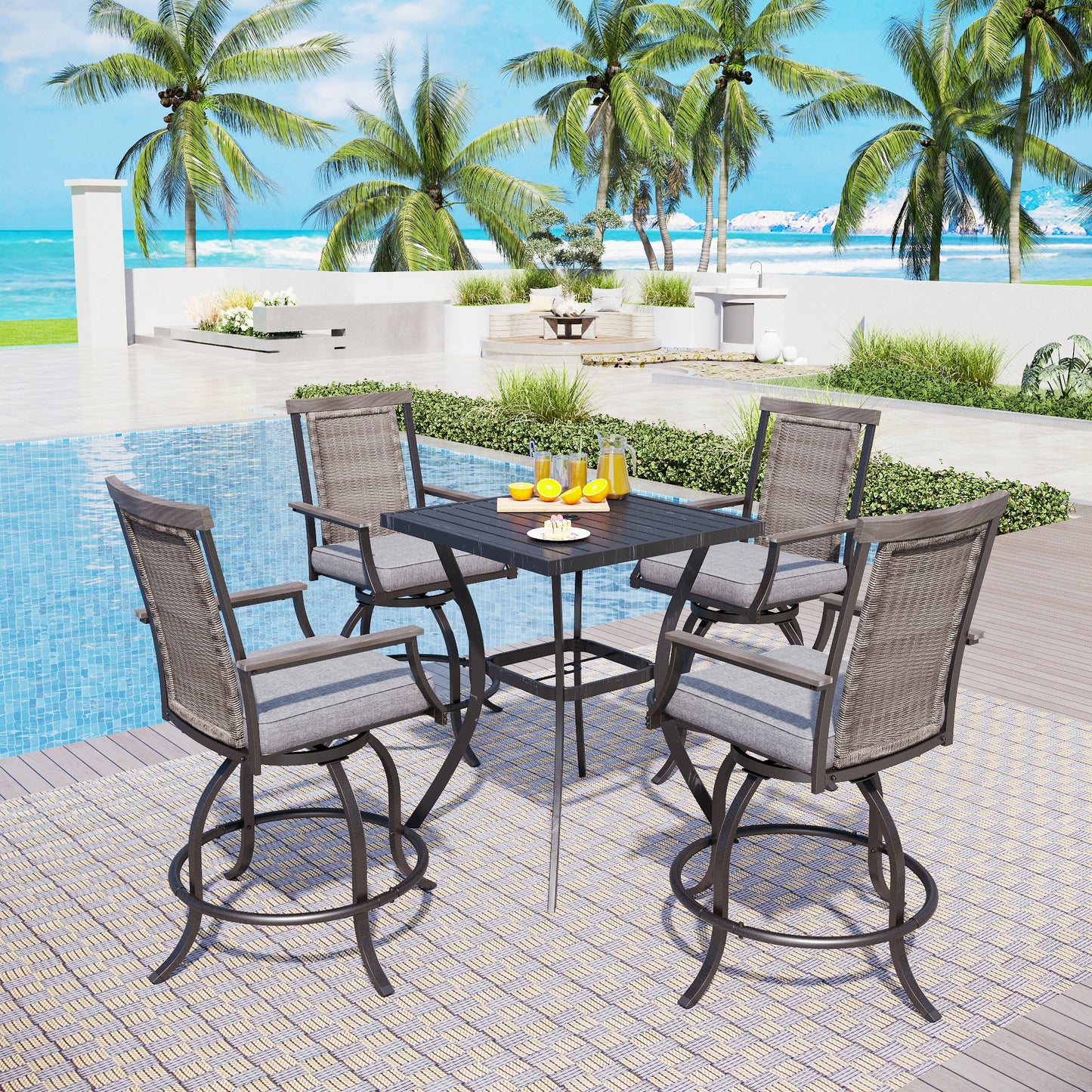 Captiva Designs 5pc Outdoor Patio Metal Bar Height Table & Bar Swivel Chair with Cushion and Armrest