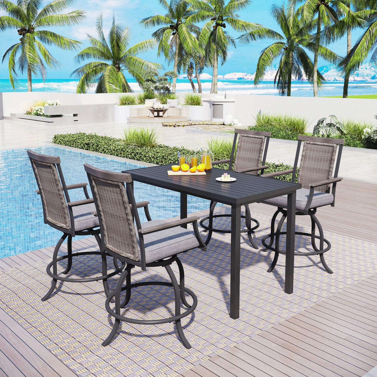 Captiva Designs 5pc Outdoor Patio Metal Bar Height Table & Bar Swivel Chair with Cushion and Armrest