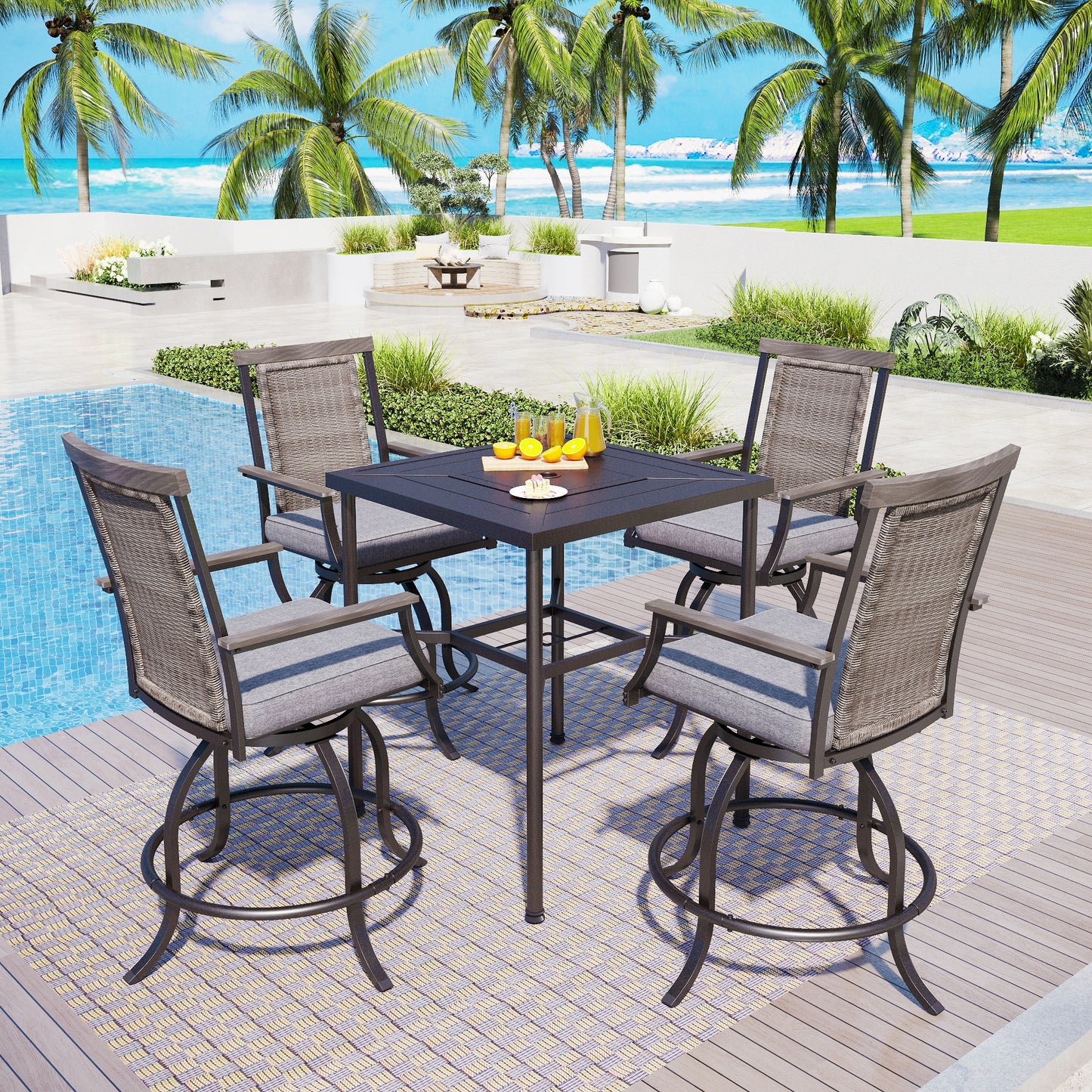 Captiva Designs 5pc Outdoor Patio Metal Bar Height Table & Bar Swivel Chair with Cushion and Armrest