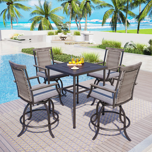 Captiva Designs 5pc Outdoor Patio Metal Bar Height Table & Bar Swivel Chair with Cushion and Armrest