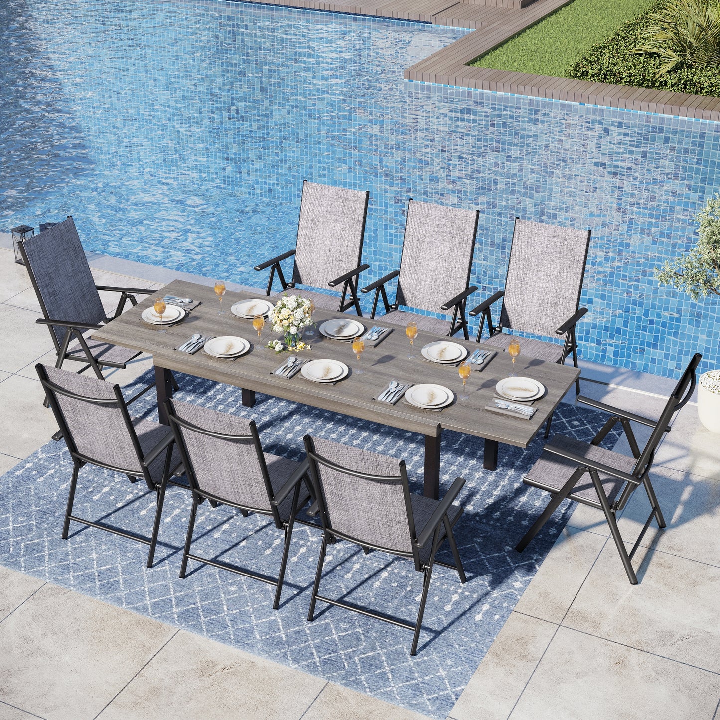 Captiva Designs 9pc Patio Adjustable Steel Rectangle Dining Table & Textilene Reclining Foldable Chairs