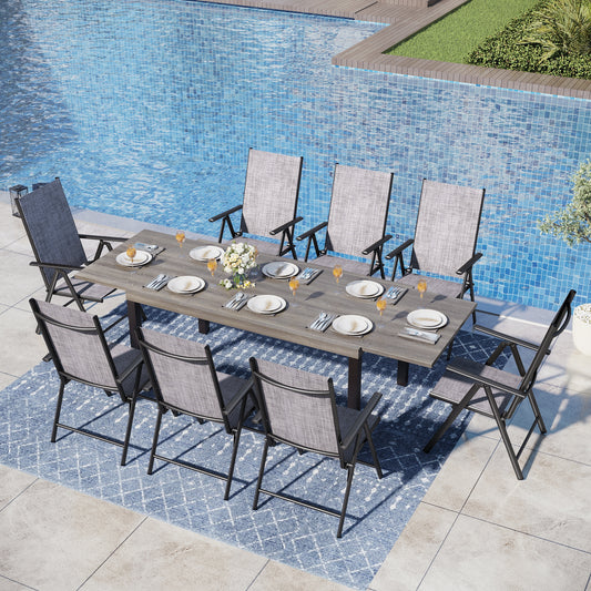 Captiva Designs 9pc Patio Adjustable Steel Rectangle Dining Table & Textilene Reclining Foldable Chairs