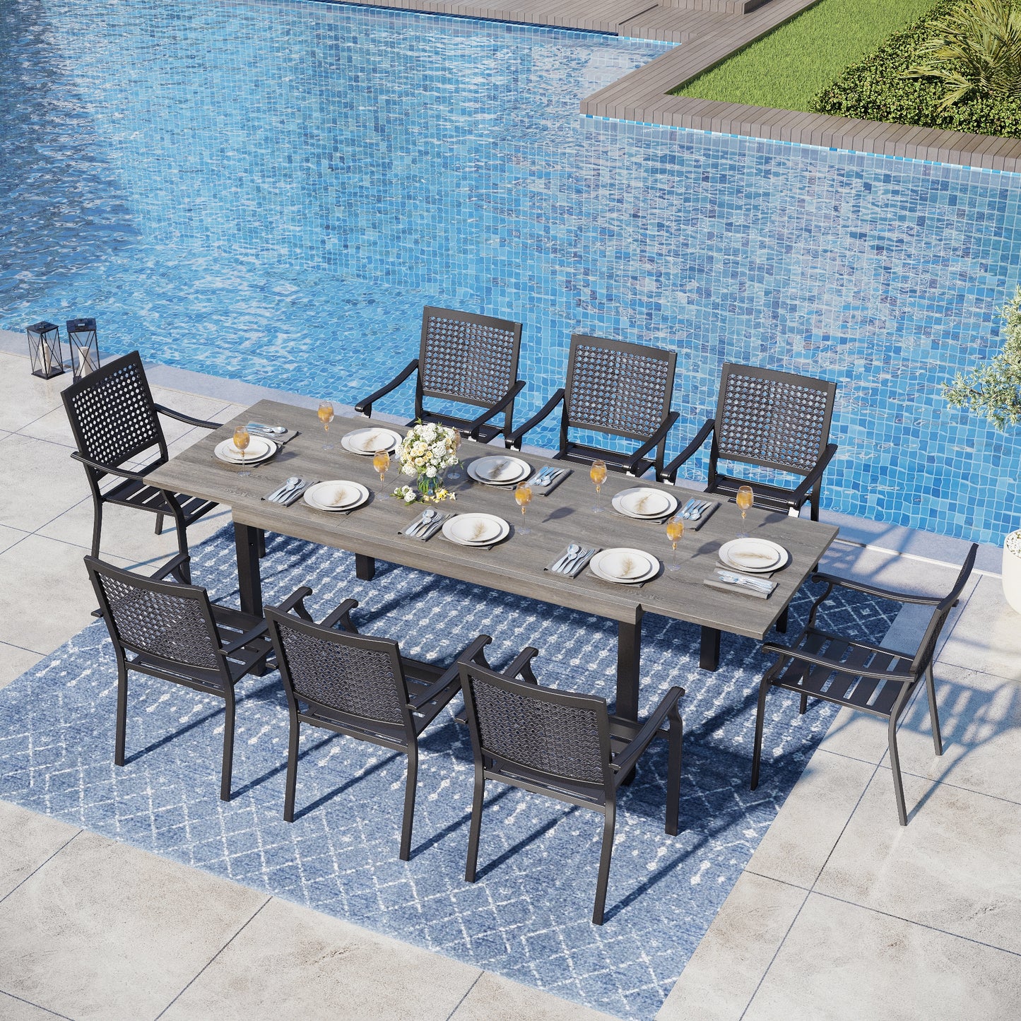 Captiva Designs 9pc Patio Adjustable Steel Rectangle Dining Table & Metal Chairs with Bull's Eye Pattern