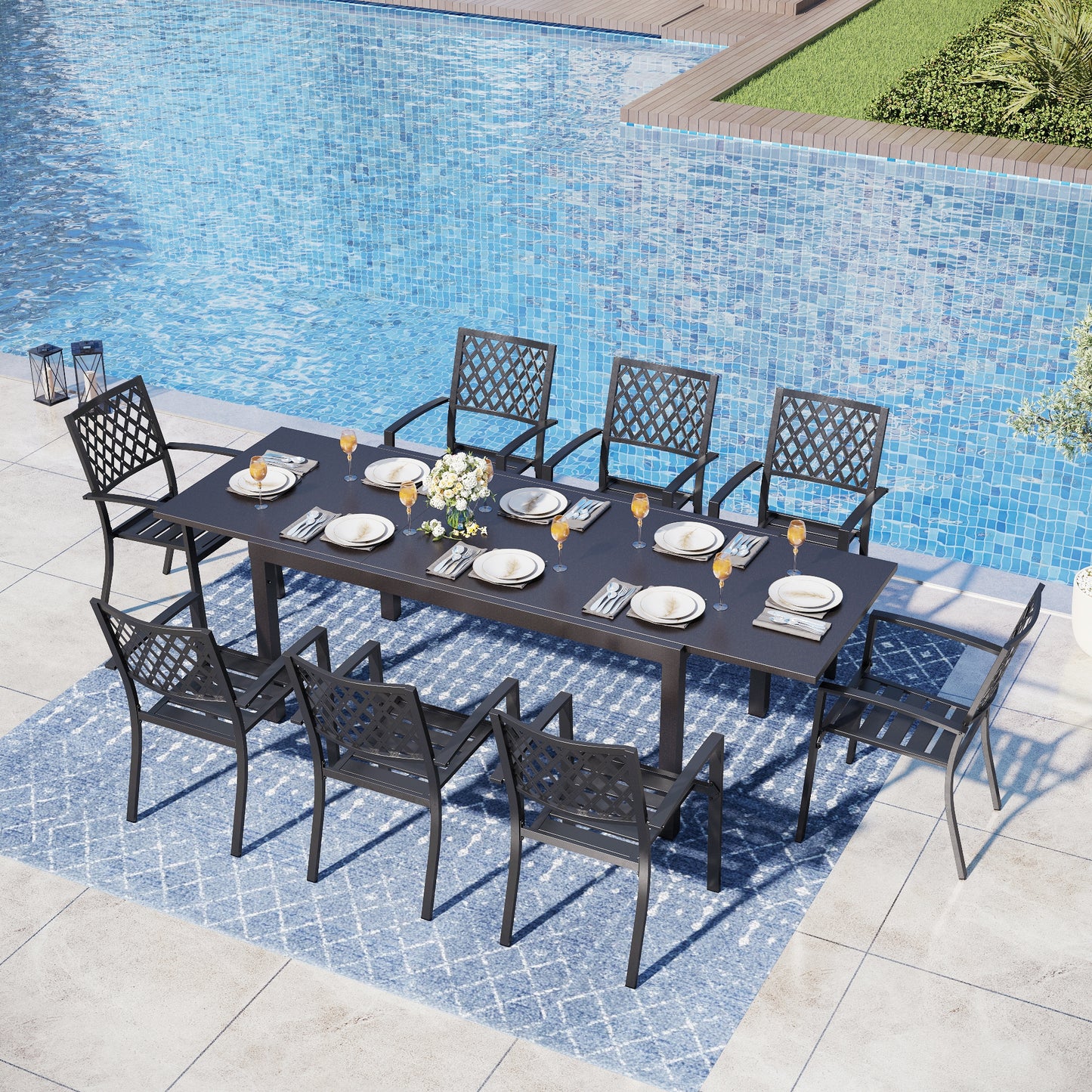 Captiva Designs 9pc Outdoor Patio Adjustable Steel Rectangle Dining Table & Metal Stackable Chairs