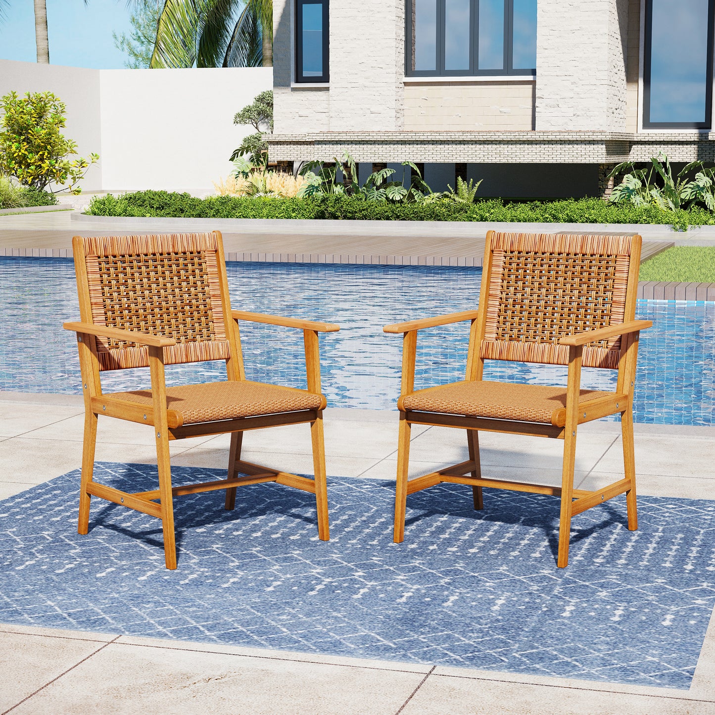Captiva Designs Outdoor Patio Dining Acacia Wood Patio Fixed Chairs with Armrests