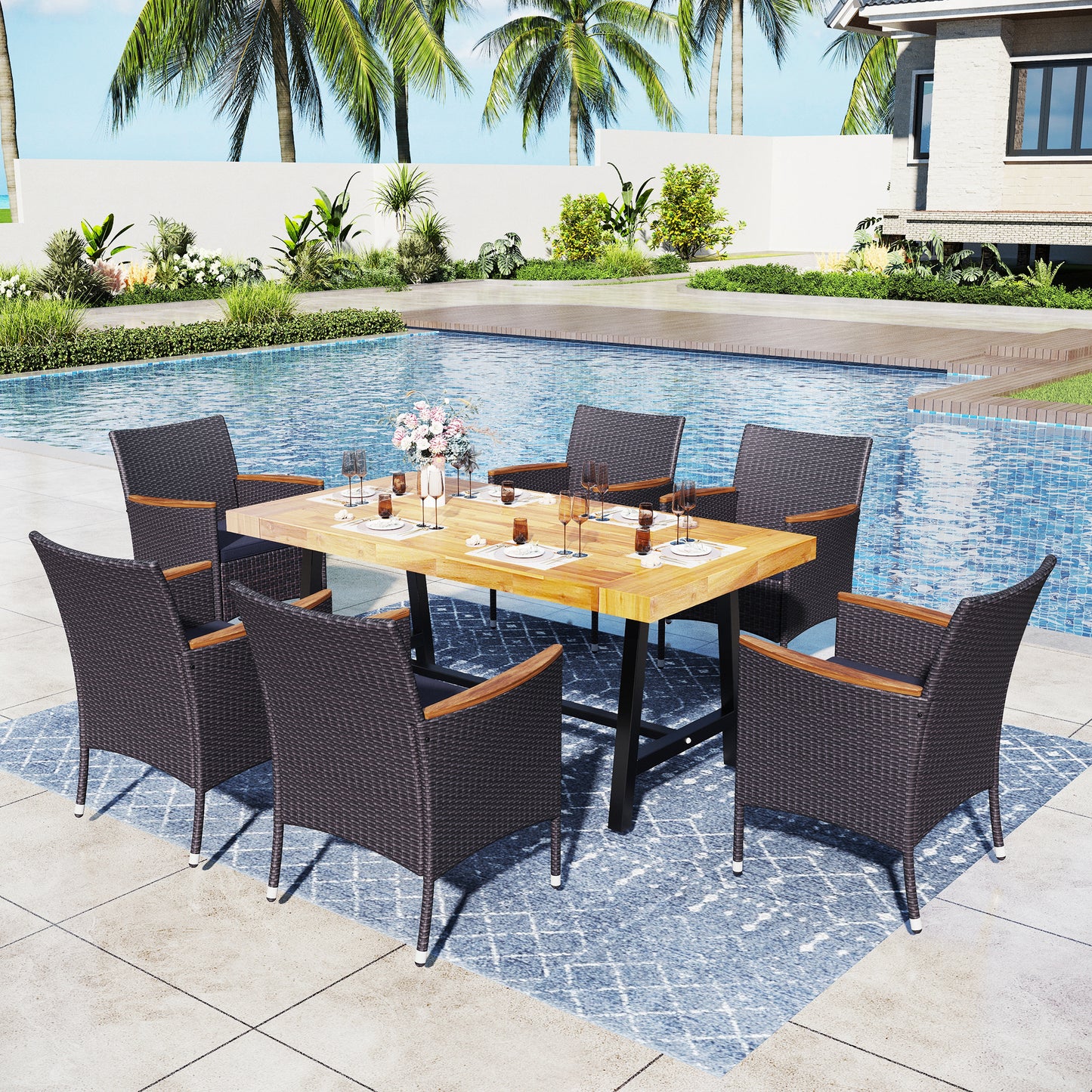Captiva Designs 7Pc Patio Dining Oil Finished Tabletop Acacia Wood Table & Rattan Chairs
