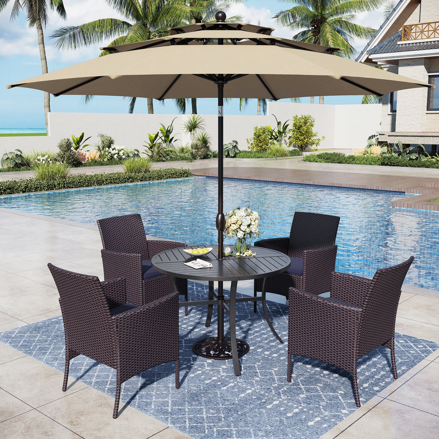 Captiva Designs 6pc Patio Slat-top Black Dining Table & Crescent Arm Rattan Chairs & Market Umbrella