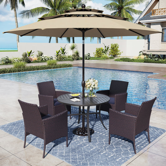 Captiva Designs 6pc Patio Slat-top Black Dining Table & Crescent Arm Rattan Chairs & Market Umbrella