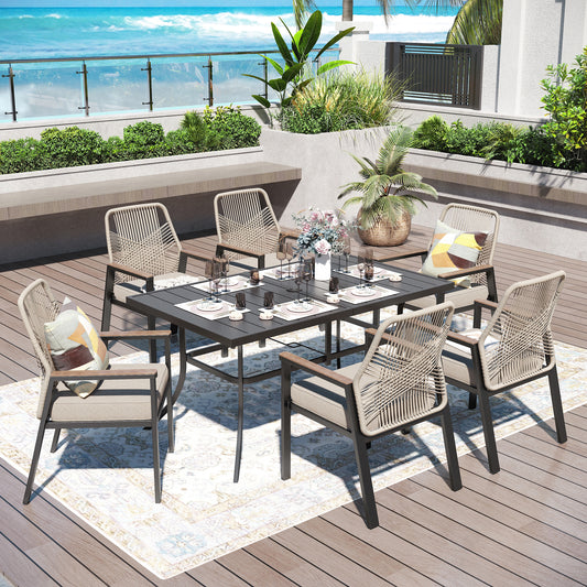 Captiva Designs 7pc Patio Dining Slat-top Steel Table & Beige Rattan Chairs with Cushion