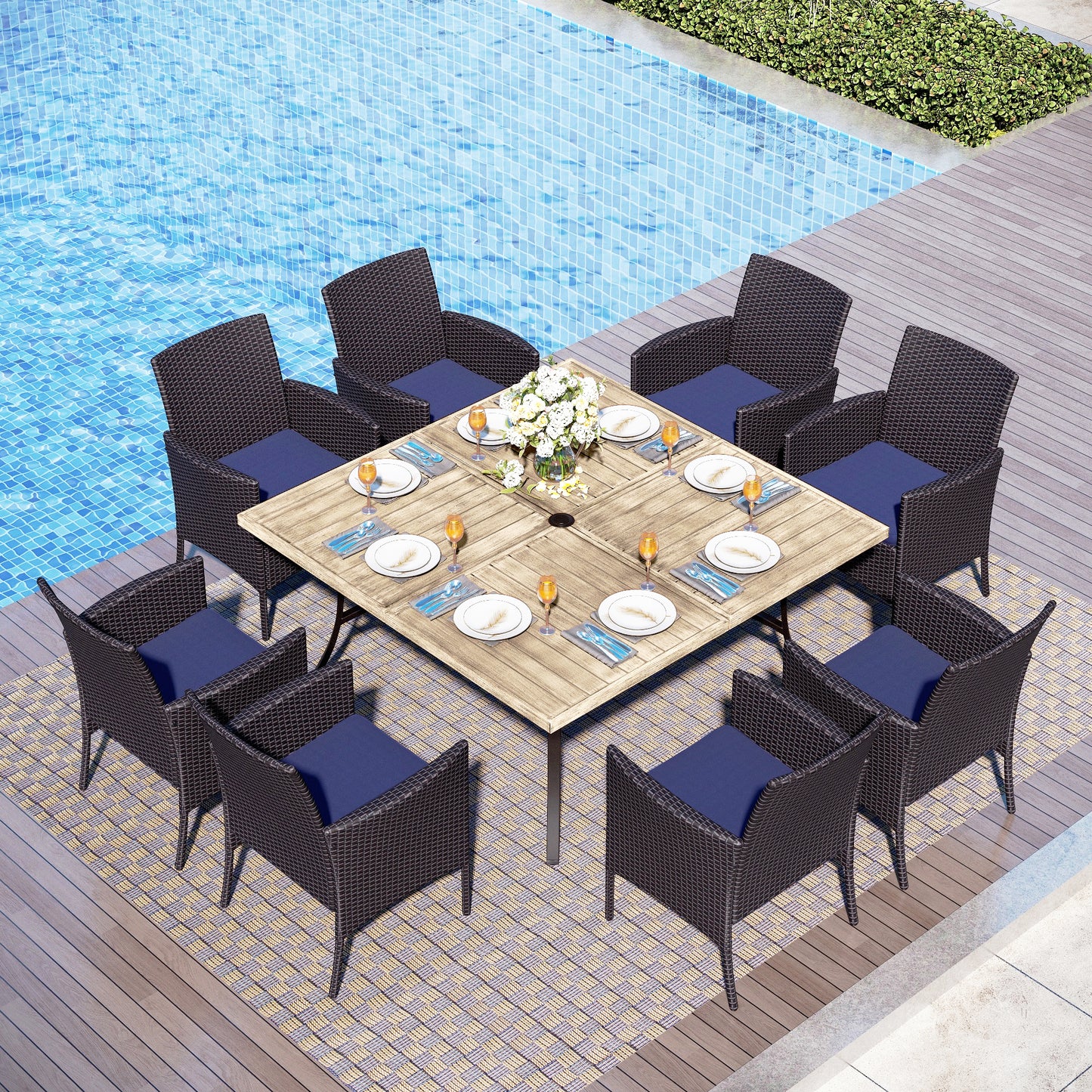 Captiva Designs 9pc Patio Spacious Slat-top Square Metal Table & Armrest Rattan Chairs with Cushions