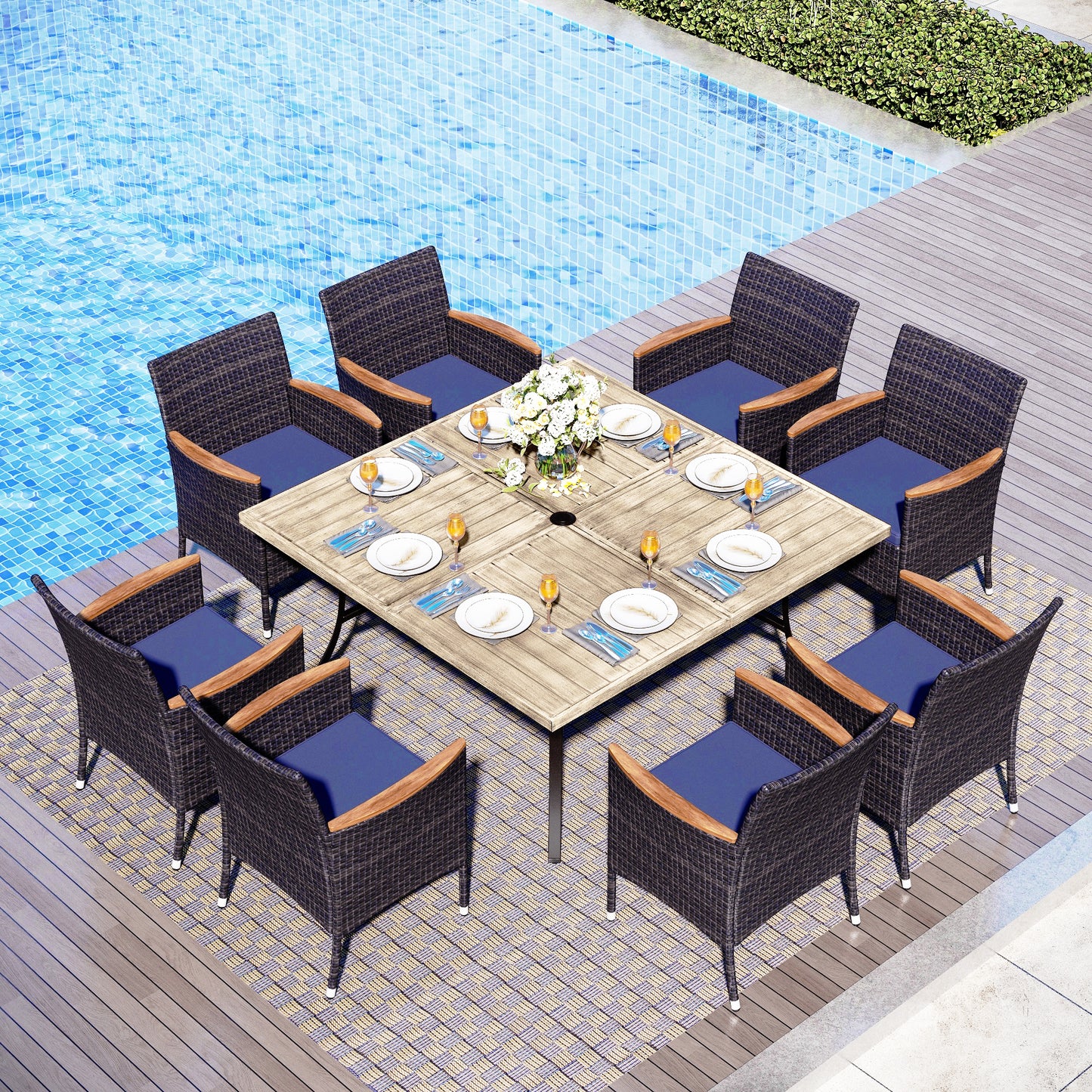Captiva Designs 9pc Patio Spacious Slat-top Square Metal Table & Armrest Rattan Chairs with Cushions