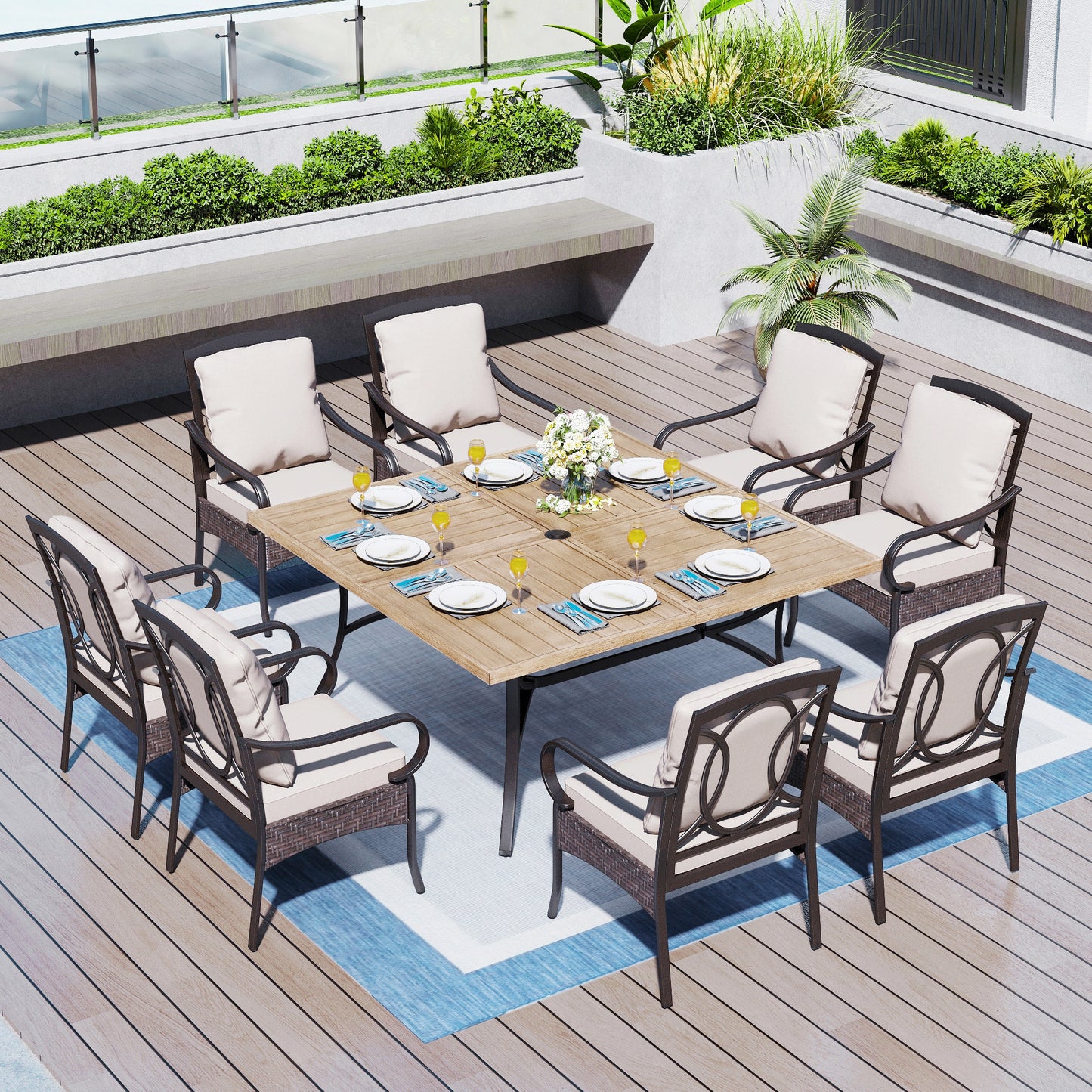 Captiva Designs 9pc Spacious Slat-top Square Metal Table & Rattan Metal Chairs with Thick Cushions