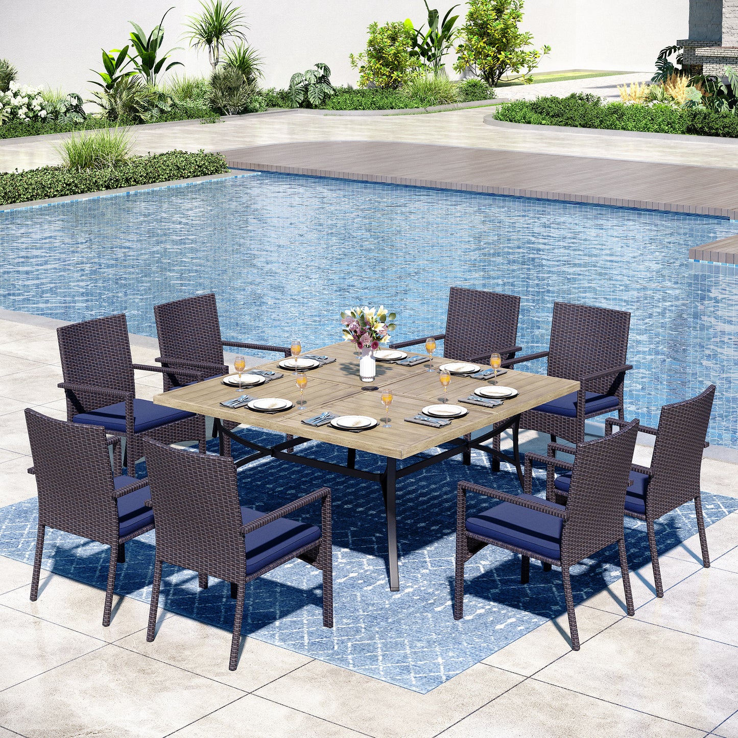 Captiva Designs 9pc Patio Spacious Slat-top Square Metal Table & Armrest Rattan Chairs with Cushions