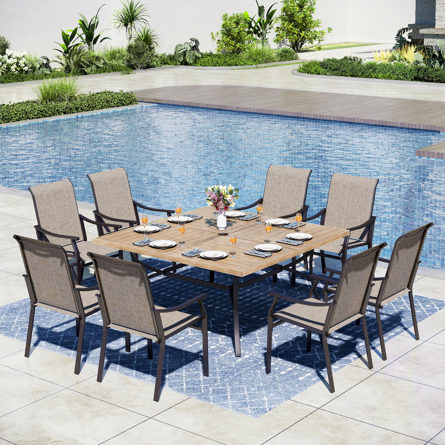 Captiva Designs 9pc Spacious Slat-top Square Metal Table with Umbrella Hole & Brown Textilene Fixed Chairs