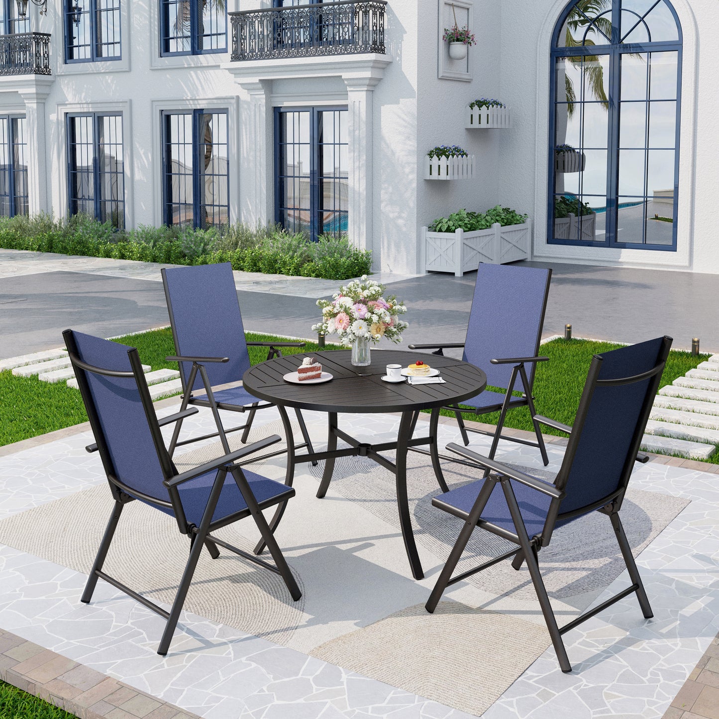 Captiva Designs 5pc Patio Dining Set Steel Frame Table with Umbrella Hole & Textilene Reclining Foldable Chairs
