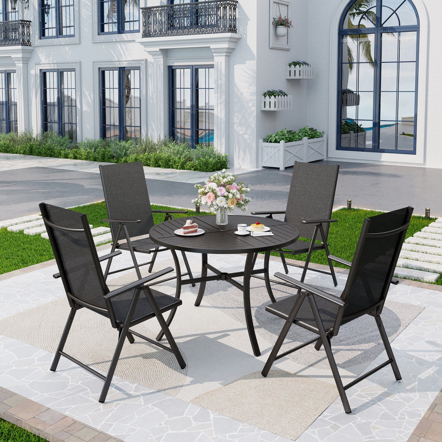 Captiva Designs 5pc Patio Dining Set Steel Frame Table with Umbrella Hole & Textilene Reclining Foldable Chairs