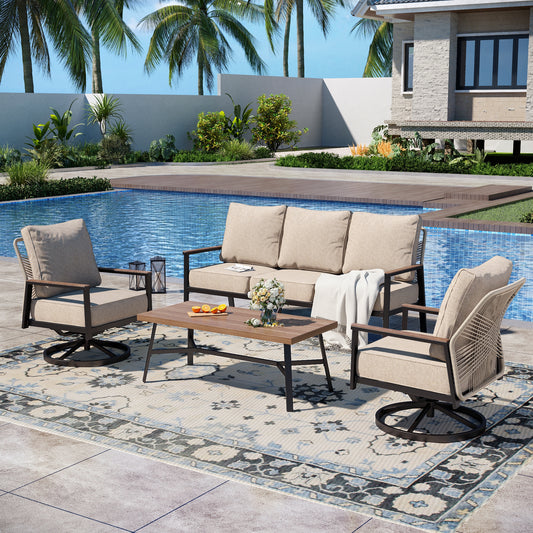 Captiva Designs 4pc Outdoor Woven Rope Patio Conversation Set with Swivel Chairs for Poolside, Garden, and Backyard