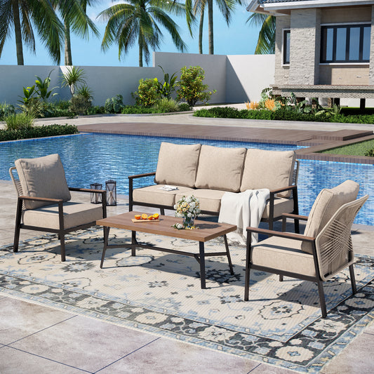 Captiva Designs 4pc Outdoor Woven Rope Patio Conversation Set with Armchairs for Poolside, Garden, and Backyard