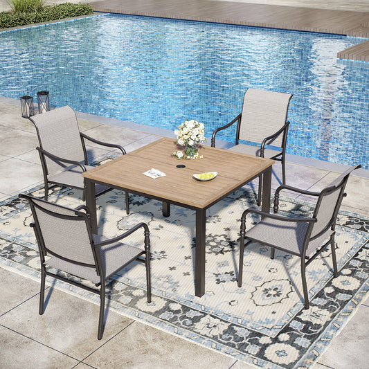 Captiva Designs 5pc Patio Dining Steel Dining Table with Umbrella Hole & Gray Textilene Arm Chairs
