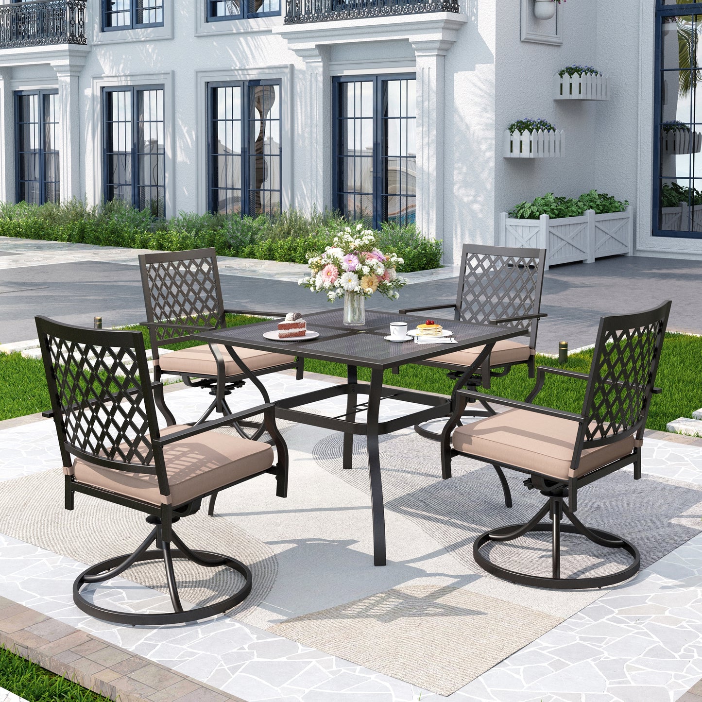 Captiva Designs 5pc Outdoor Patio Dining Set with Mesh Top Square Steel Table and Metal Chairs