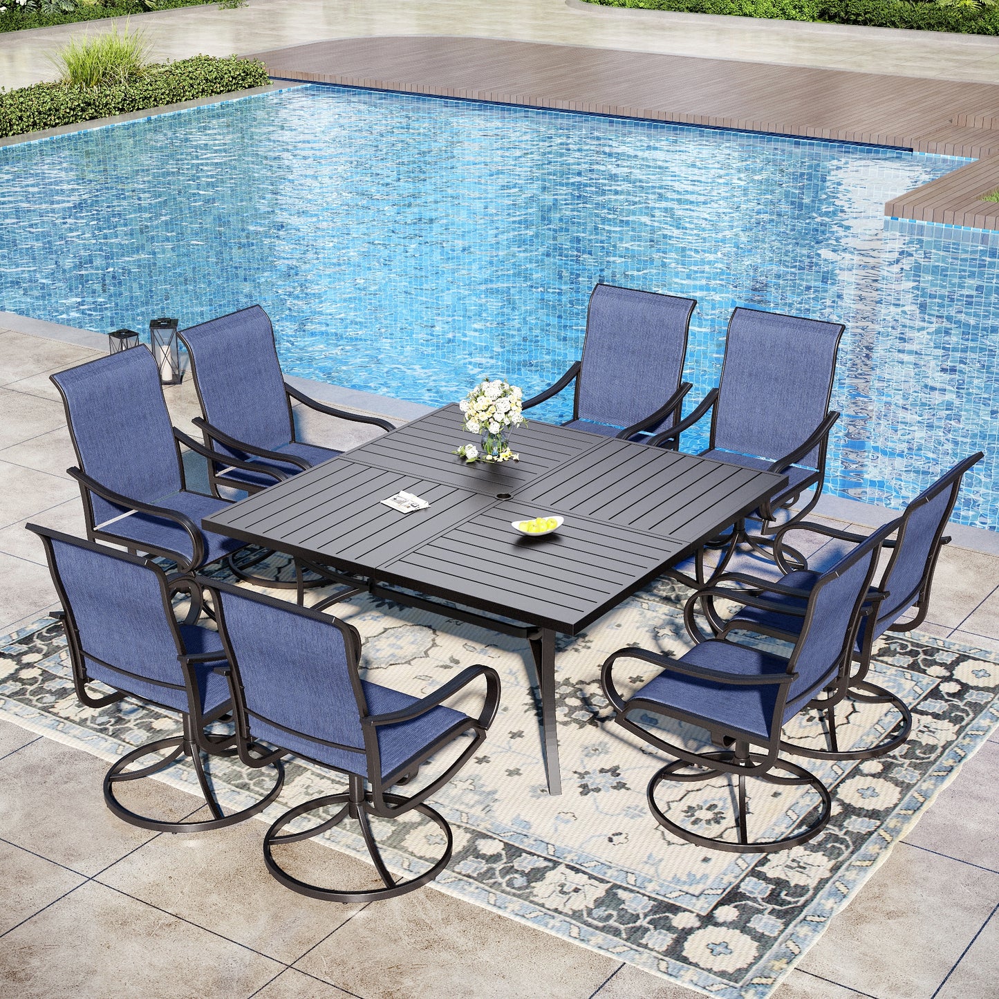 Captiva Designs 9pc Spacious Slat-top Square Metal Table with Umbrella Hole & Textilene Swivel Chairs