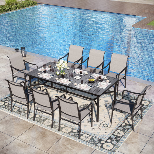 Captiva Designs 9pc Spacious Slat-top Rectangle Metal Table with Umbrella Hole & Fixed Steel Chairs with Gourd Head Armrests