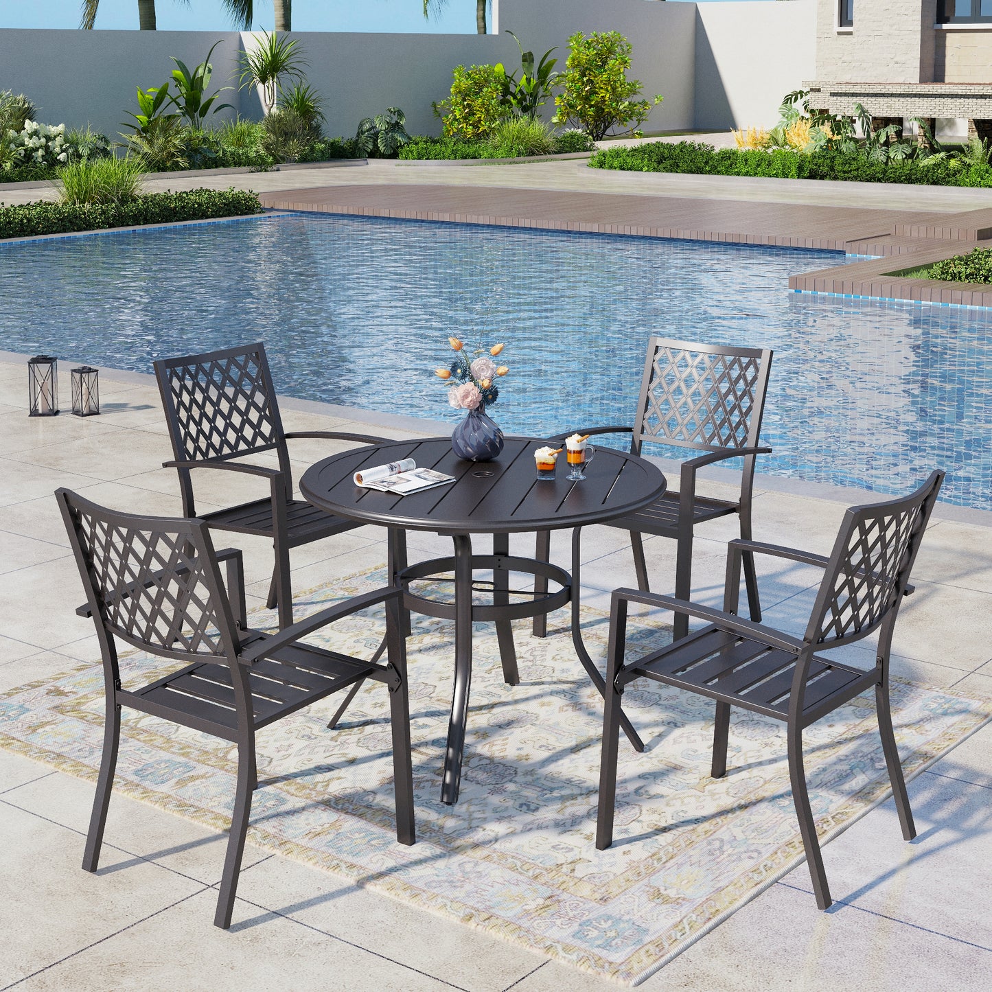 Captiva Designs 5pc Outdoor Steel Slat-top Round Dining Table & Metal Chairs with Stylish Back