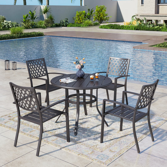 Captiva Designs 5pc Outdoor Steel Slat-top Round Dining Table & Metal Chairs with Stylish Back