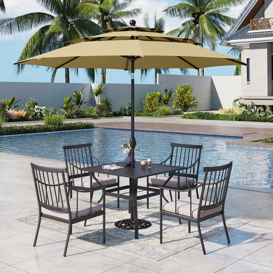 Captiva Designs 6pc Patio Square Table with Steel Frame & Stylish Cushioned Chairs & 10ft Umbrella