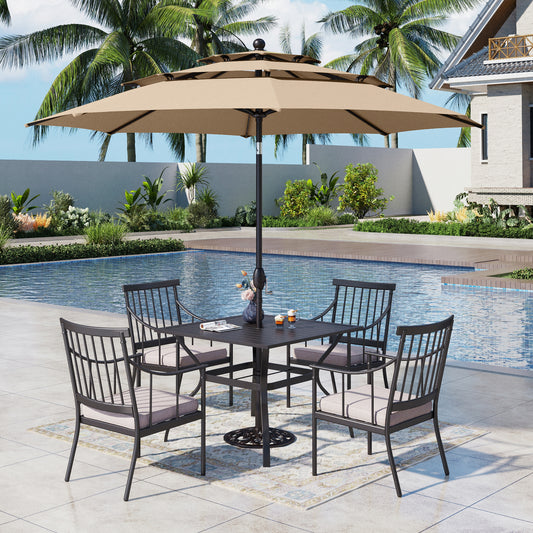 Captiva Designs 6pc Patio Square Steel Dining Table & Stylish Cushioned Chairs & 10ft Market Umbrella