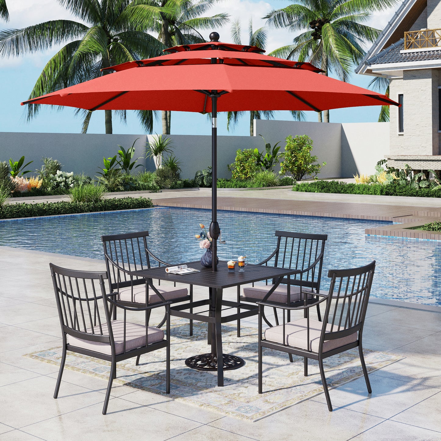 Captiva Designs 6pc Patio Square Steel Dining Table & Stylish Cushioned Chairs & 10ft Market Umbrella