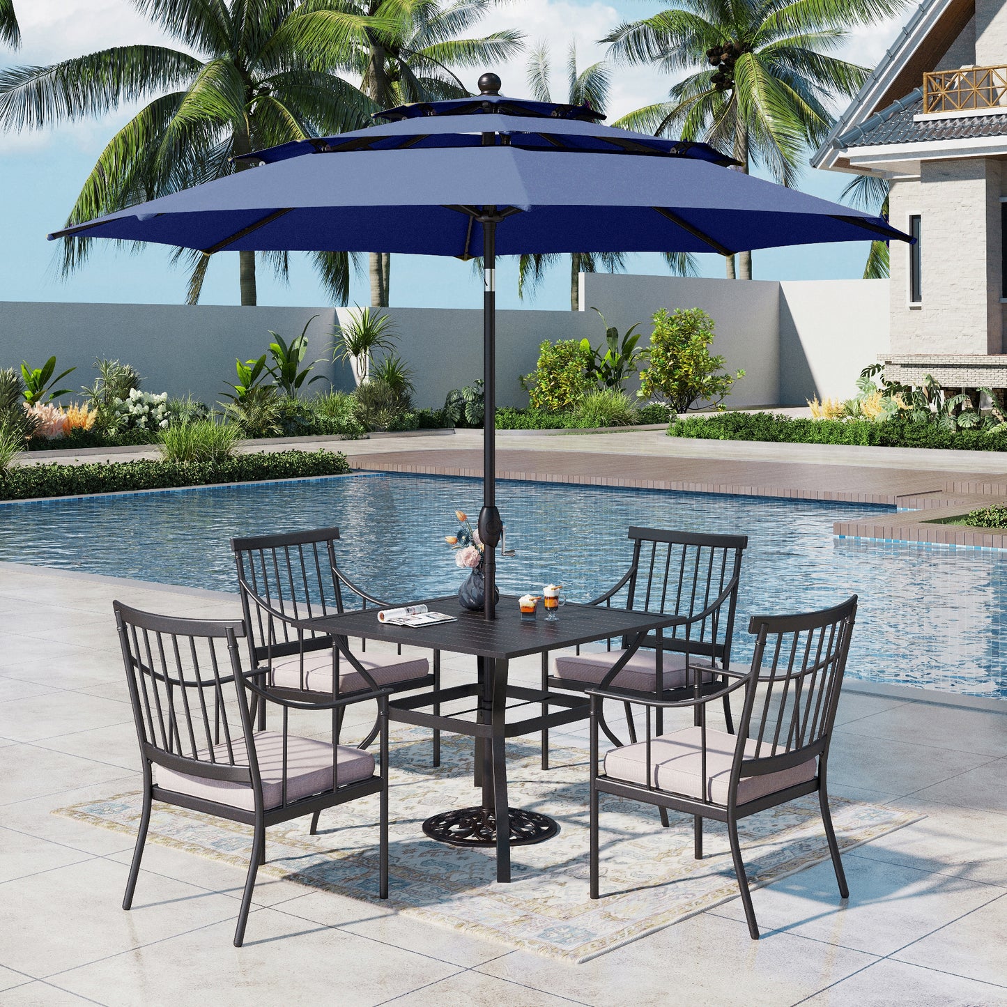 Captiva Designs 6pc Patio Square Steel Dining Table & Stylish Cushioned Chairs & 10ft Market Umbrella