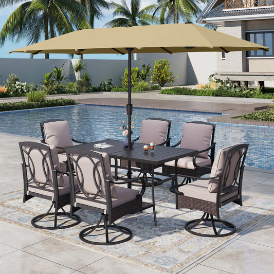 Captiva Designs 8pc Patio Rectangle Steel Dining Table & Rattan Chairs & Market Umbrella