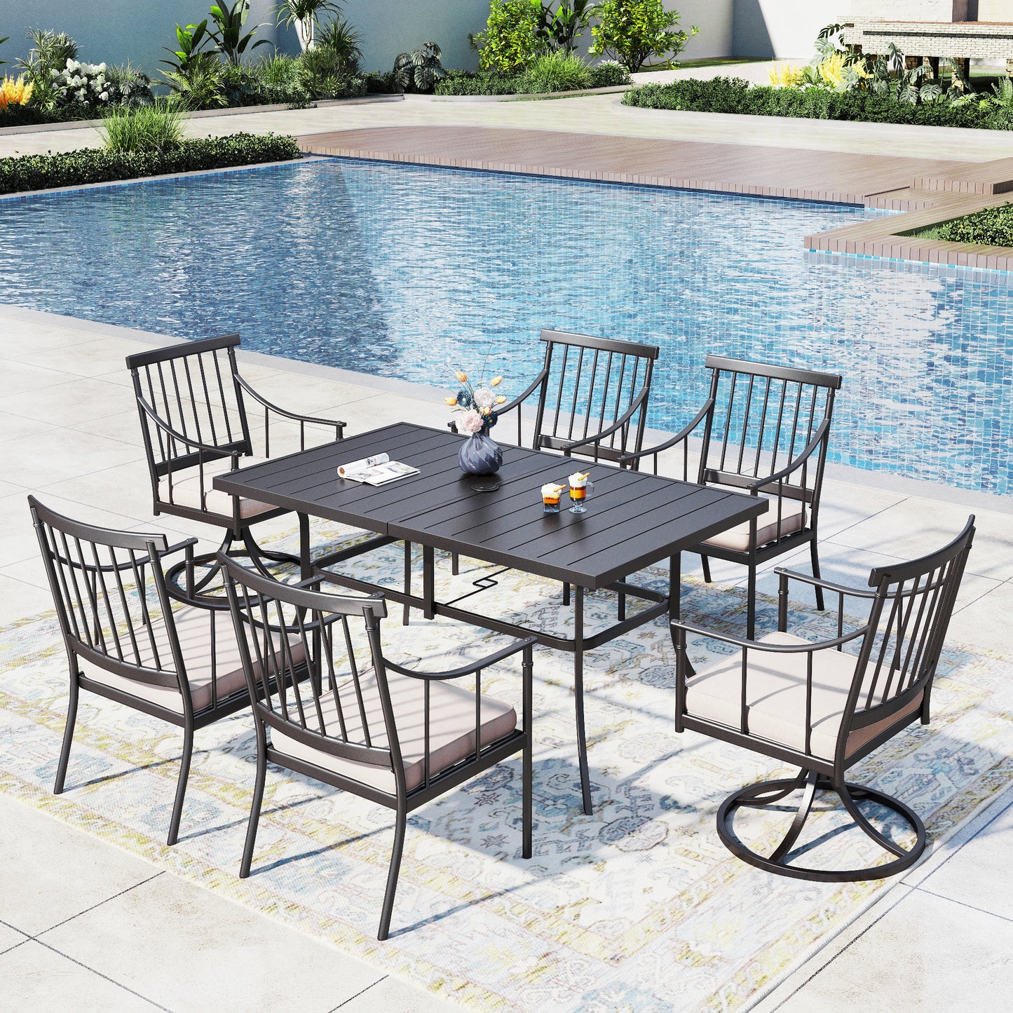 Captiva Designs 7pc Outdoor Patio Slat-top Rectangle Dining Steel Table & Armrest Chairs