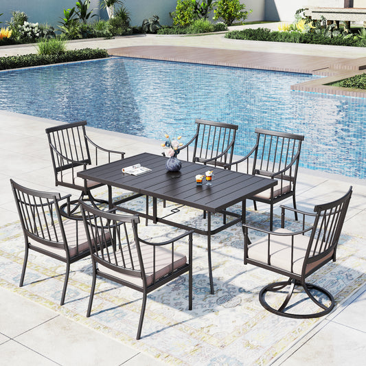 Captiva Designs 7pc Outdoor Patio Slat-top Rectangle Dining Steel Table & Armrest Chairs