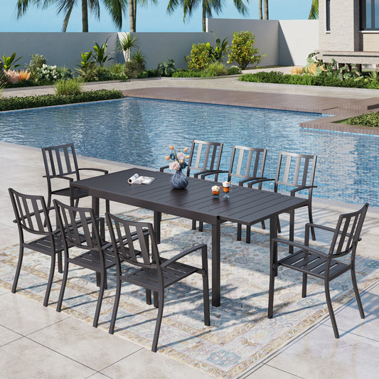 Captiva Designs 9pc Outdoor Patio Adjustable Steel Rectangle Dining Table & Metal Stackable Chairs