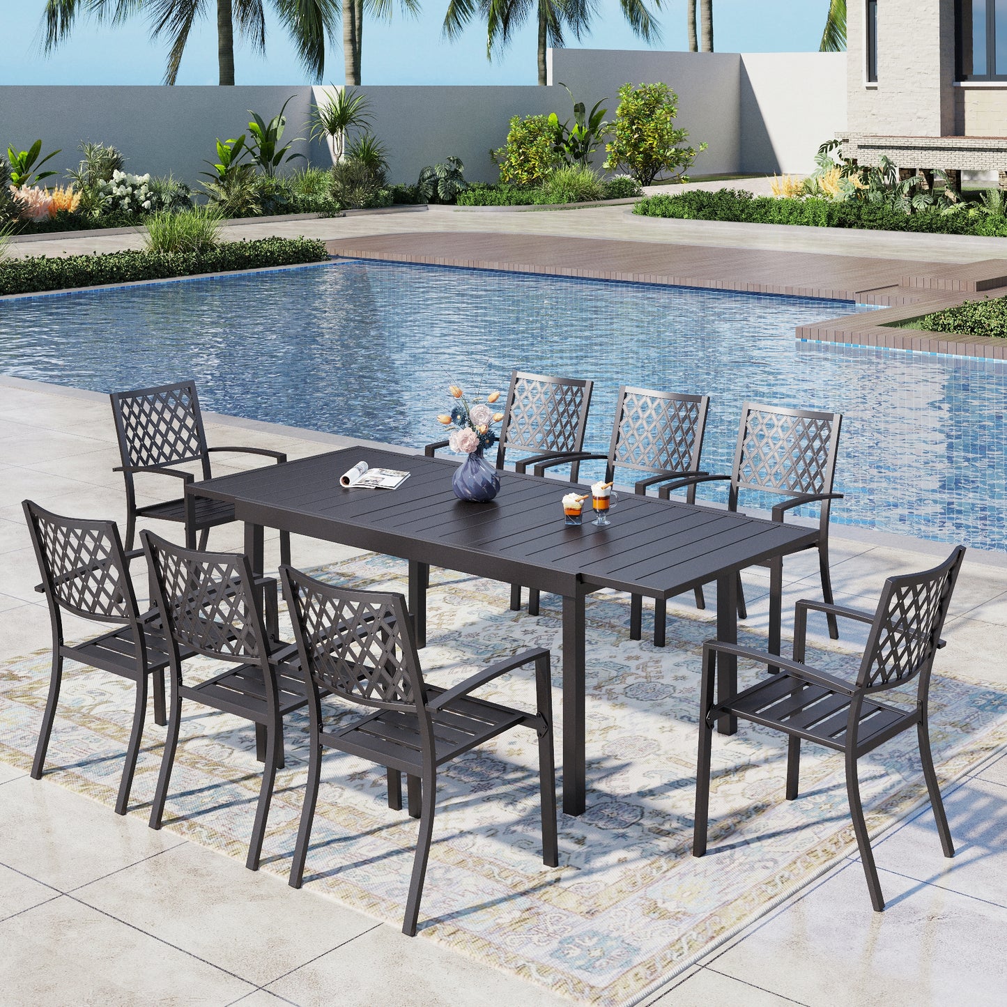 Captiva Designs 9pc Outdoor Patio Adjustable Steel Rectangle Dining Table & Metal Stackable Chairs
